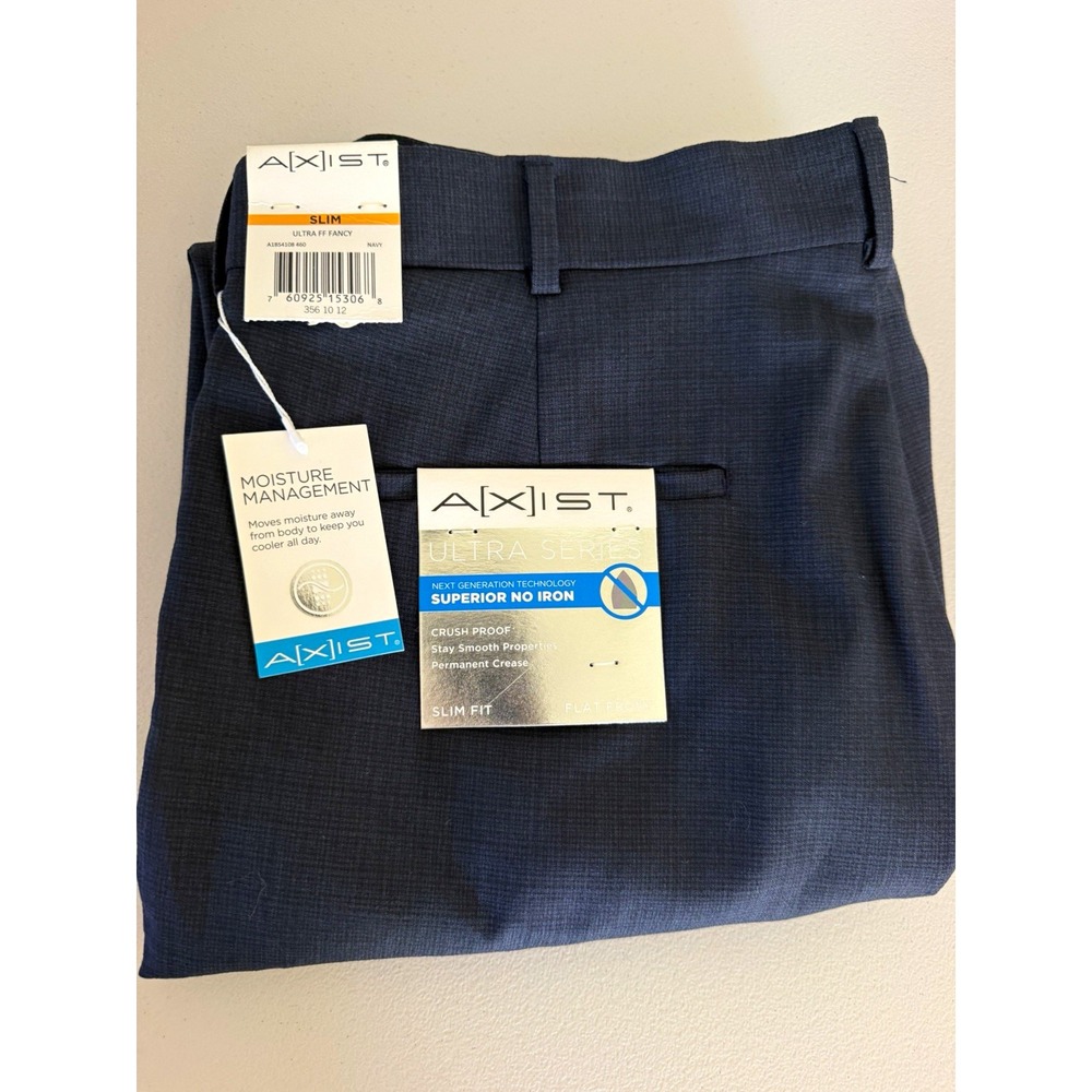 NWT A|XIST Men's 34 Navy Ultra Series Slim Fit Flat Front Dress Pants No Iron